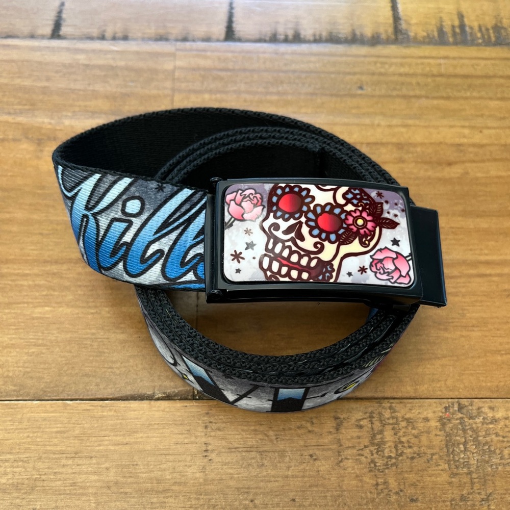 Buckle Down Unisex Kill Skull Tattoo Belt Blue & Black Sailor Jerry / Ed Hardy